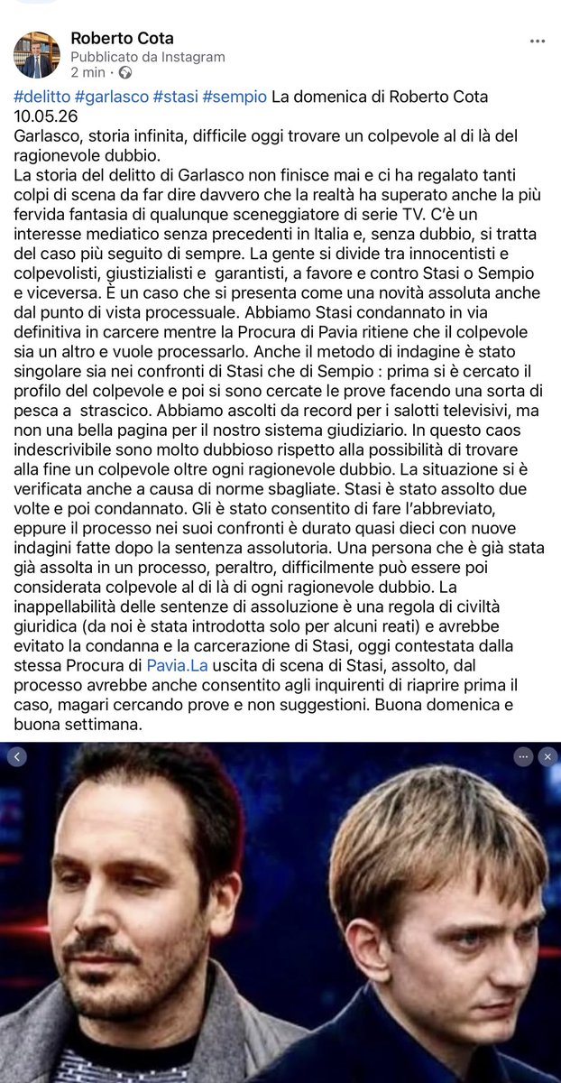 roberto_cota's tweet photo. #delitto #Garlasco #stasi #sempio la domenica di @roberto_cota https://t.co/lTxOMlQX8g