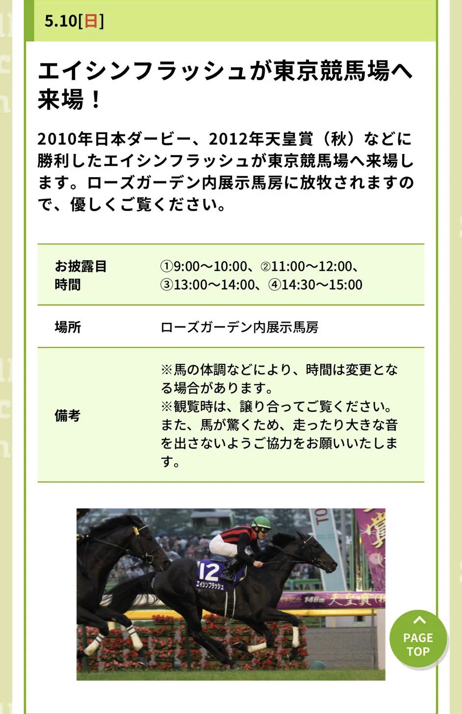 日本ダービー馬エイシンフラッシュが16年ぶり東京競馬場に凱旋