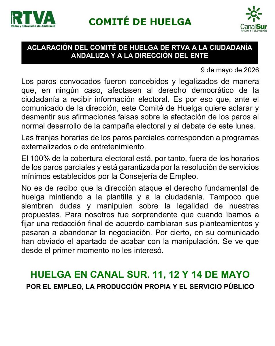 📣 ACLARACIÓN DEL COMITÉ DE HUELGA DE LA RTVA SOBRE EL DEBATE ELECTORAL EN CANAL SUR. La dirección ataca el derecho fundamental de huelga mintiendo a la ciudadanía andaluza.