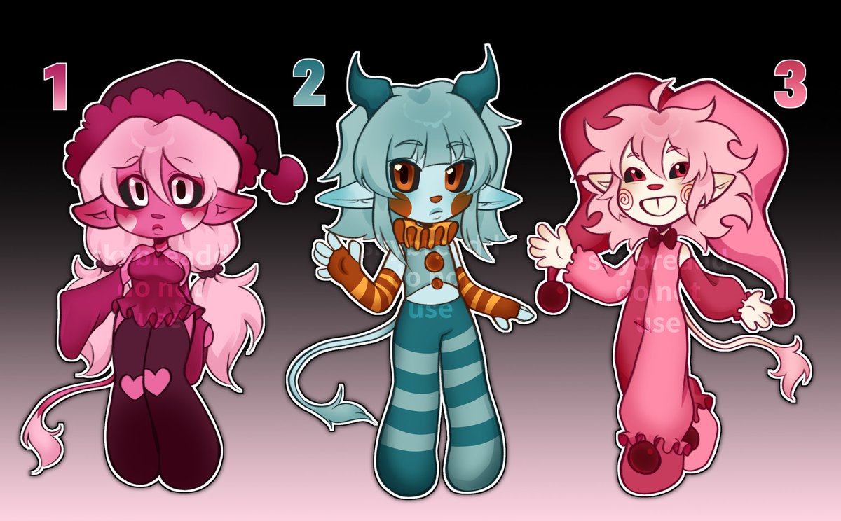 SkyBreadd's tweet photo. •°+ Circus demons adopt batch +°•

Comment or DM to claim! Can do holds

Personal use: $15 or 9mil arg peso
Commercial use: $30 or 18mil arg peso

Extra half body colored sketch: +$5 or 6mil arg peso

All funds go to my rent! >:'] #adoptable #adopts https://t.co/1CeKFofdj7