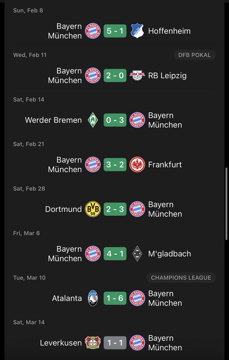 KaneWaves's tweet photo. Feb-May 2026, you will never be forgotten🕊️

•17 games.
•16 wins.
•1 draw.
• Beating Leipzig in DFB Pokal, Der Klassiker vs Dortmund, demolition of Atalanta in the UCL, insane comebacks VS Freiburg and Mainz, UCL tie with Real Madrid and beating Leverkusen in Pokal. https://t.co/G7lcOzWakp