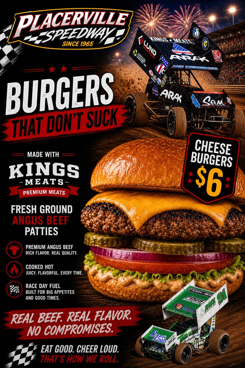 pvillespeedway's tweet photo. Special alert! 

With the cost of living and fuel prices up, Placerville Speedway has partnered with Kings Meats to reduce the cost of our cheeseburgers at the Speedway Cafe! 

Be sure a grab one of the best race track burgers in California now for $6! https://t.co/pCRTQVolJQ