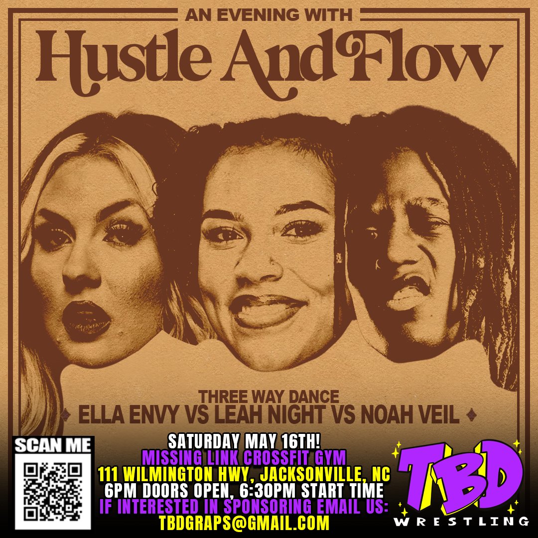 TBDGraps's tweet photo. 🚨 MATCH ANNOUNCEMENT! 🚨

On Saturday, May 16th, we'll see TWO HUGE returns to the TBD Wrestling landscape at An Evening With Hustle And Flow!

@_LeahNight makes her return to the company for the first time since making her debut nearly a year ago at STARBOY. After suffering that brutal attack from The Rot, she's back now with a vengeance & looks to get even on so many people who have done her and her psycHOTic's partner @theamandakiss wrong in the last year of TBD.

One of those people could very well be @NoahXVeil, as we'll see Noah's return to a TBD Wrestling ring for the first time since their WILD Dog Collar Match with Amanda Kiss. The wounds have healed, and the mindset is back on track. With Amanda and Noah seemingly being in the rear view, will problems spark back up as Noah returns in a match featuring someone so close to their former foe?

@ellaenvypro enters this Three Way Dance match with a huge point to prove after The It Couple failed to win the TBD Tag Team Championships. The TBD Grand Champion, BK Westbrook, has claimed to be taking a vacation, disappointed and annoyed after what went down at We Gotta Feeling. Will Ella Envy be able to get The It Couple back to winning ways at TBD Wrestling? A big win here could reset The IT Couple's momentum completely and surely raise the spirits of the Grand Champion at the same time.

Three competitors enter, but only one will walk out with a huge win in this traditional TBD Three Way Dance!

TBD Wrestling Presents:
An Evening With Hustle And Flow
Saturday, May 16th, 2026!
Jacksonville, North Carolina
Tickets On Sale Now!: Link In Bio!