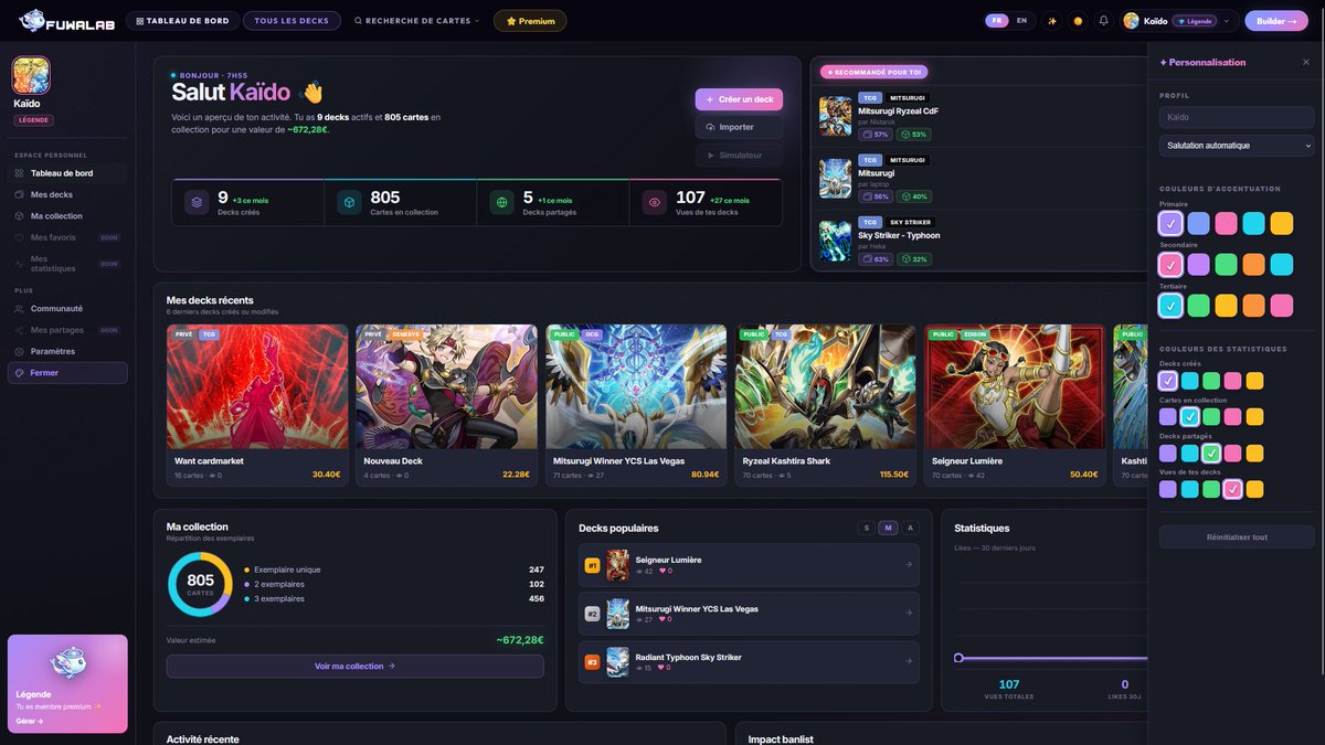 FuwalabYGO's tweet photo. Le tableau de bord est disponible ! 🥳 Bénéficiez d'une vision instantanée sur les stats de vos comptes. L'outil vous propose même des decks en rapport avec le contenu que vous ajoutez sur le site 🫵
#ygo #masterduel #tcg #yugioh https://t.co/oIsohVr9dN