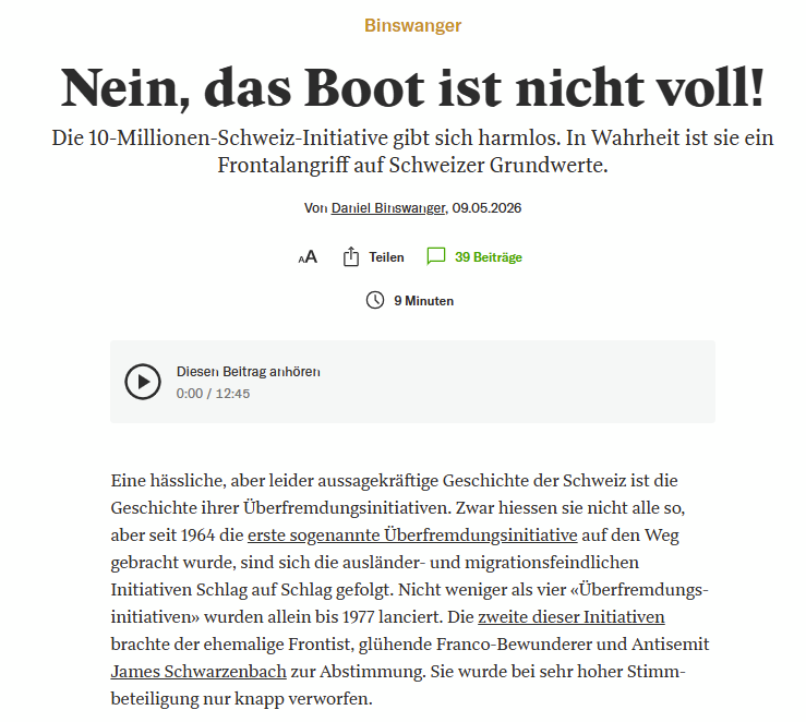 Non, la barque n'est pas pleine.

Un texte de Binswanger pour Republik.

"L'initiative <a href="/UDCch/">UDC Suisse</a> constitue une nouvelle manifestation des idéologies les plus sombres et les plus destructrices, héritées du fascisme historique, qu'il nous faut démanteler et surmonter de toute urgence"