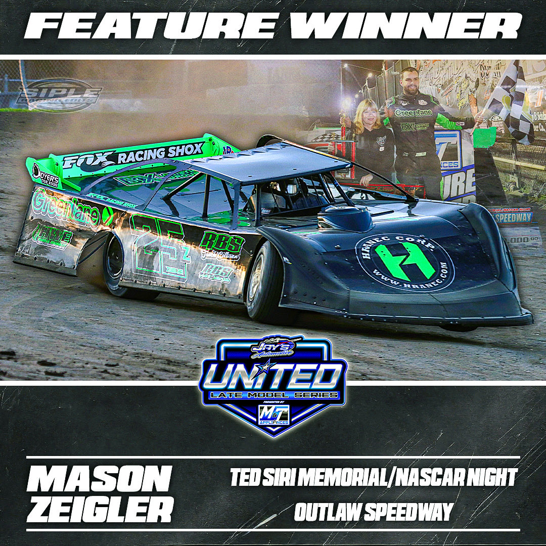 ULMSLateModels's tweet photo. @MzZeigler Captures 5th Annual Ted Siri Memorial!  

Pittsburgh, PA - Chalk Hill, Pennsylvania’s @mziggyracing scored his second straight @ULMSLateModels victory of the 2026 season Friday night at Outlaw Speedway.

Full Press Release Here 👉https://t.co/cDUicaKBdx https://t.co/6Rj9BPf7dm
