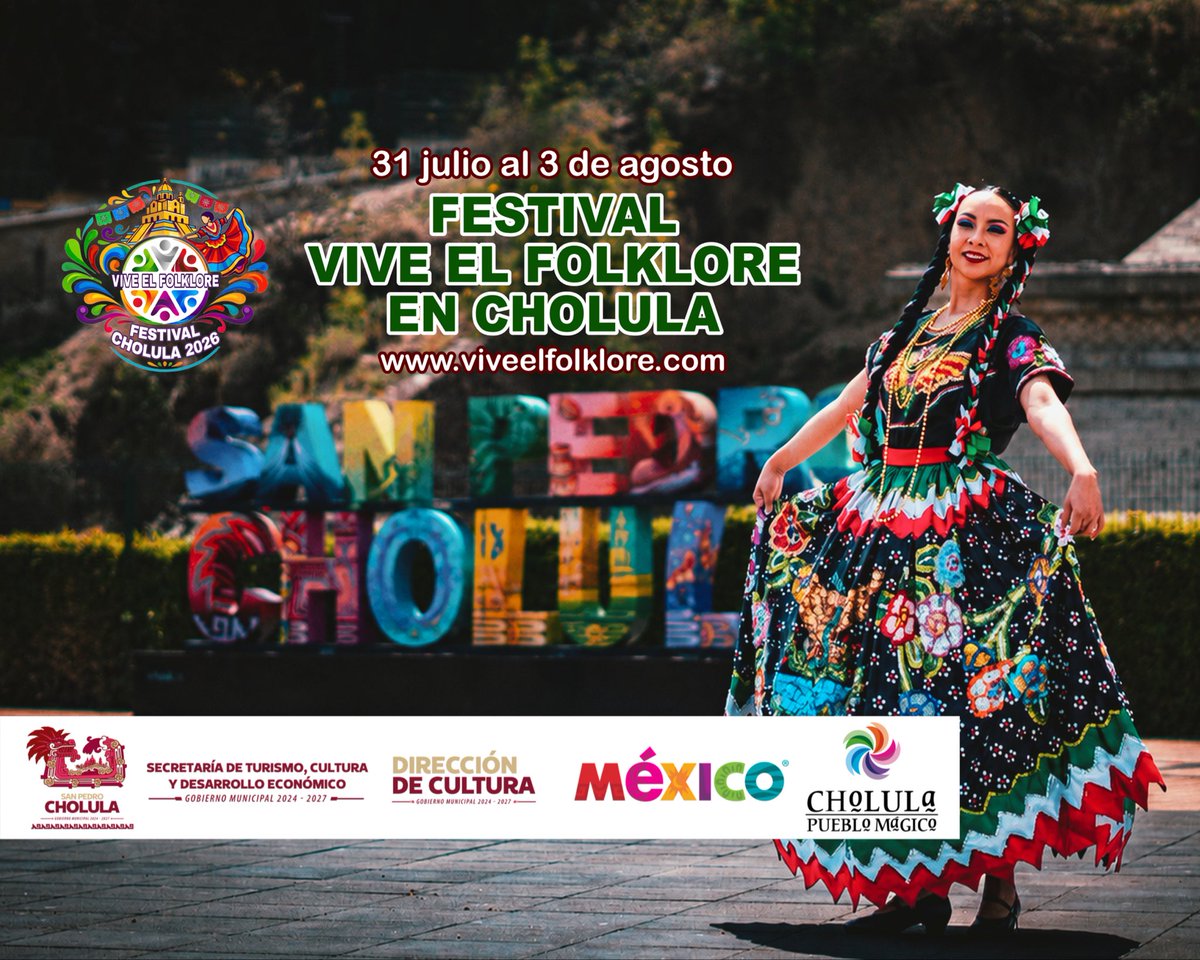 viveelfolklore's tweet photo. San Pedro Cholula ya los espera. 🇲🇽✨
Historia, tradición y folklore reunidos en uno de los lugares más emblemáticos de México.

🎭 Festival Vive el Folklore en Cholula 2026
📍 San Pedro Cholula, Puebla
📅 31 de julio al 3 de agosto

https://t.co/1kQZWqX5JD https://t.co/uGW4uJtDmA
