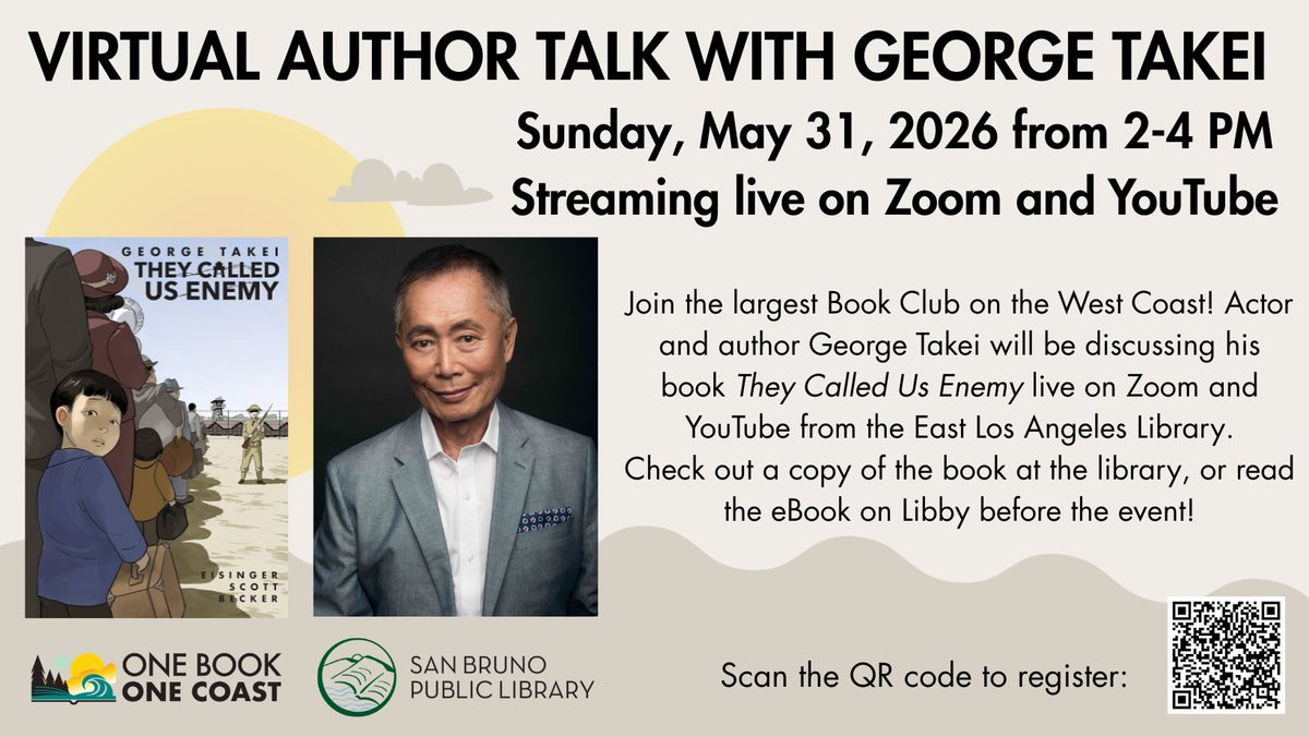 sbcommunity's tweet photo. Virtual Author Talk with George Takei
Sunday, May 31, 2026, 2 PM - 4 PM
Streaming live on Zoom and YouTube

Actor and author George Takei will be discussing his book They Called Us Enemy. Register for Zoom link at: https://t.co/FooLgs94lF https://t.co/qnVXQPxTcb