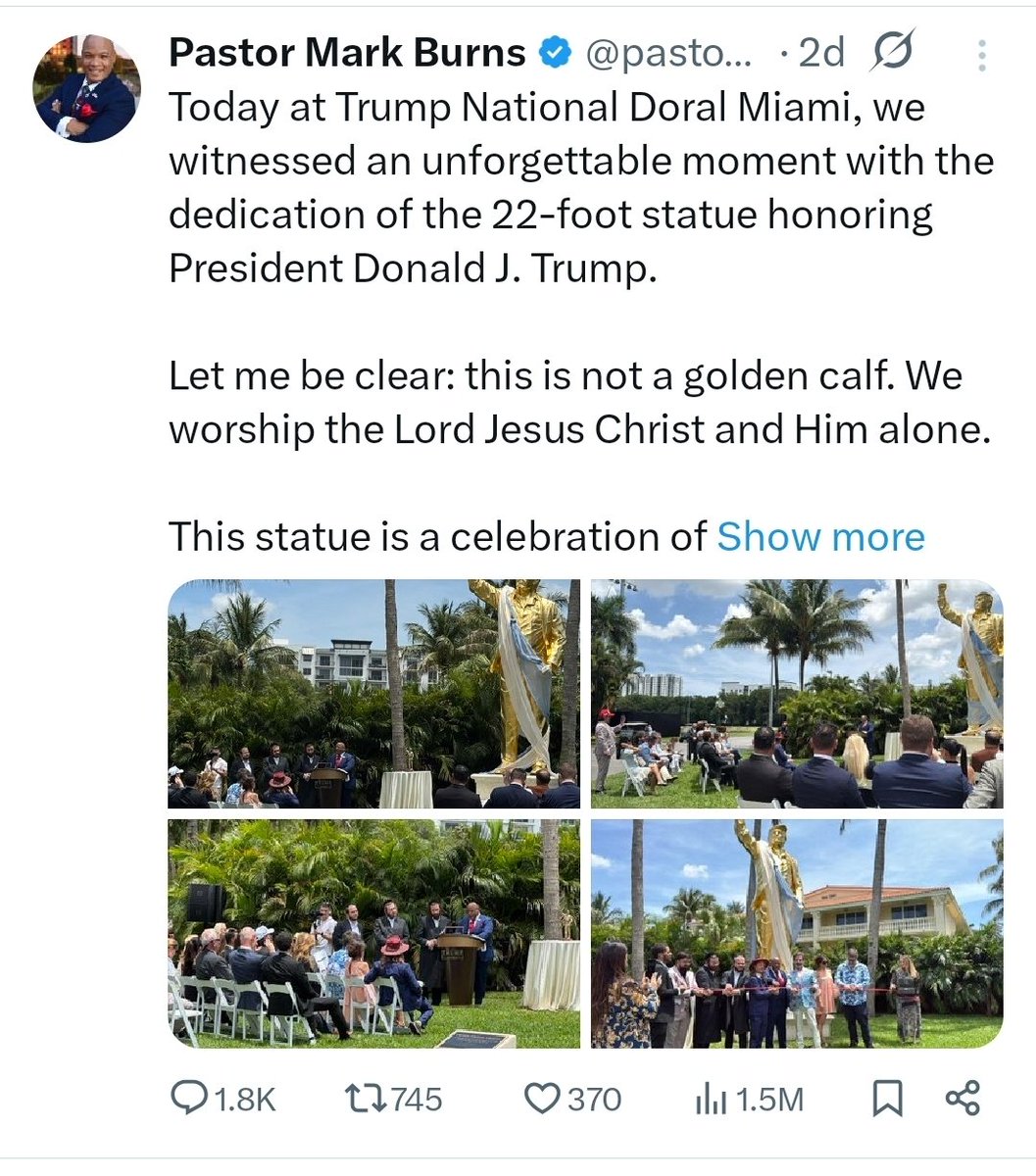 rothschildmd's tweet photo. Trump's pastor very much wants you to know his golden idol statue is not a golden idol statue, just a statue of his idol that happens to be golden. https://t.co/eEJTcF2Dnz