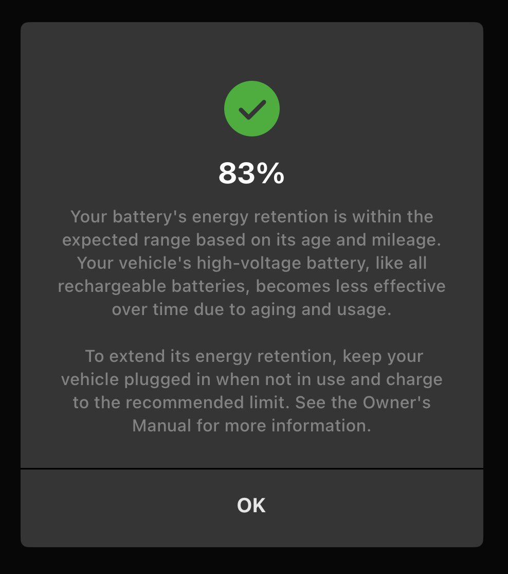 Ajbailey87's tweet photo. @OutofSpecDetail I have a 23 Performance as well. Sub 70k miles. 83%. Only bright spot I see is it was already 83% at 50k miles. https://t.co/MVAkjJCcWV