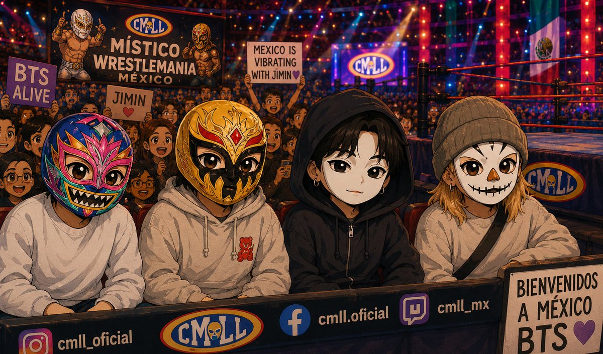 LClairm35766's tweet photo. BTS really said “when in México…” and fully committed to the lucha libre experience 😭🇲🇽✨
The masks, the front-row reactions, the chaos, the vibes — this entire Mystico/CMLL adventure feels like a fever dream in the BEST 
#JIMIN #지민 #BTS #JIMINXMISTICO #MexicoWithJimin https://t.co/twvozciUws