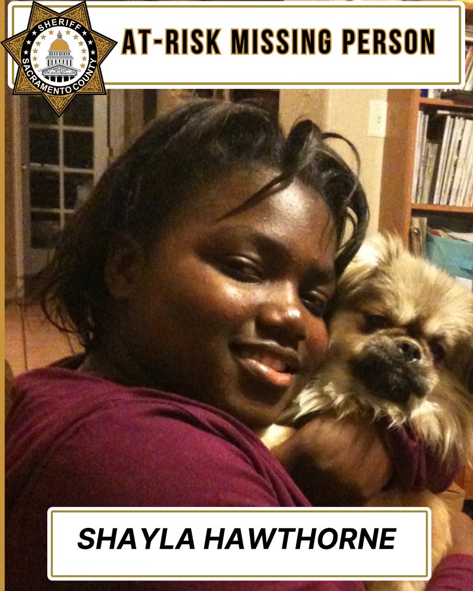 AT-RISK MISSING PERSON

Shayla Hawthorne, 27 years old, 5’4” tall, approximately 175 pounds, with black, afro styled hair and brown eyes. She was last seen wearing a purple bonnet, a black shirt, maroon pants, black Crocs, and silver or clear glasses. She was last seen around