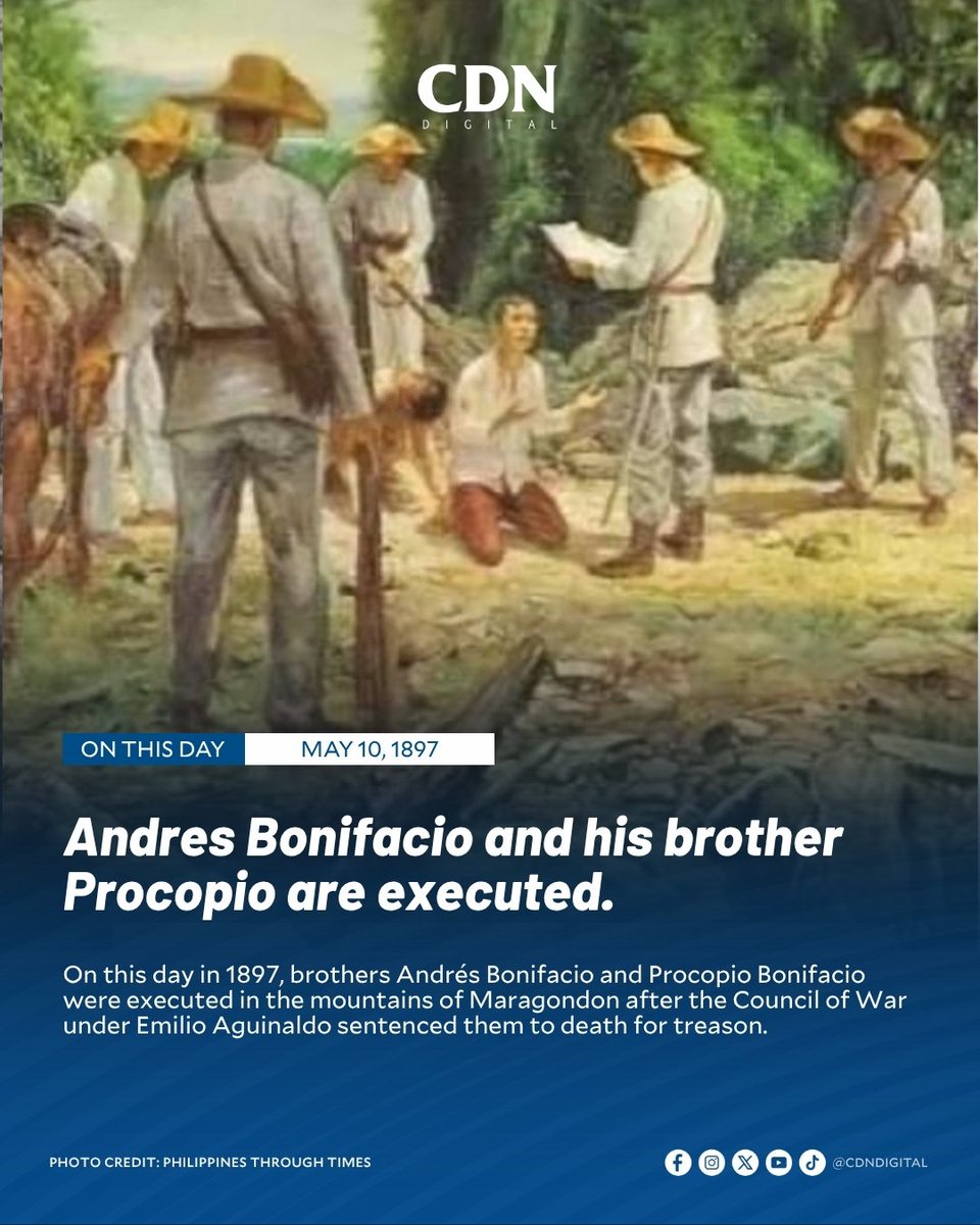 BONIFACIO BROTHERS EXECUTED

On this day in 1897, brothers Andrés and Procopio Bonifacio were executed in Maragondon after being sentenced for treason by the Council of War under Emilio Aguinaldo. #CDNDigital