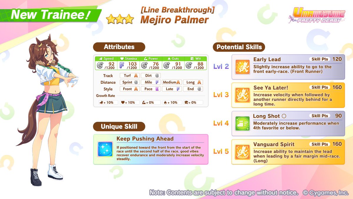 🎊 Here's your first look at the new 3★ character!

Introducing [Line Breakthrough] Mejiro Palmer!

For details, please check the Featured Trainees section on the top right of the Scout screen, available from May 10 (UTC).

#Umamusume