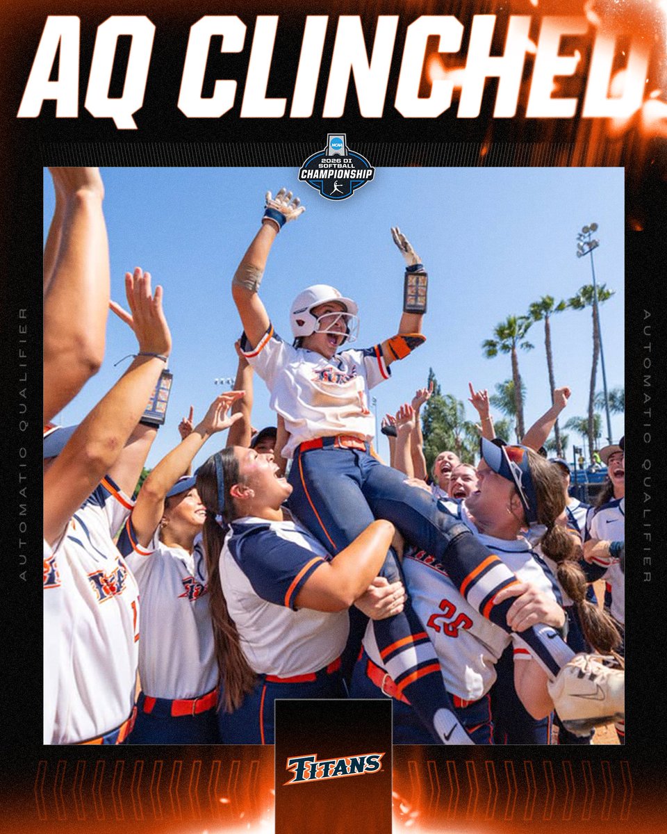 NCAASoftball's tweet photo. 🐘 CLINCHED 🐘

@Fullerton_SB defeats UC Santa Barbara, 1-0, to win the
@BigWestSports tournament and secure the AQ for the #RoadToWCWS! 

#NCAASoftball https://t.co/IVWtUHCDhN