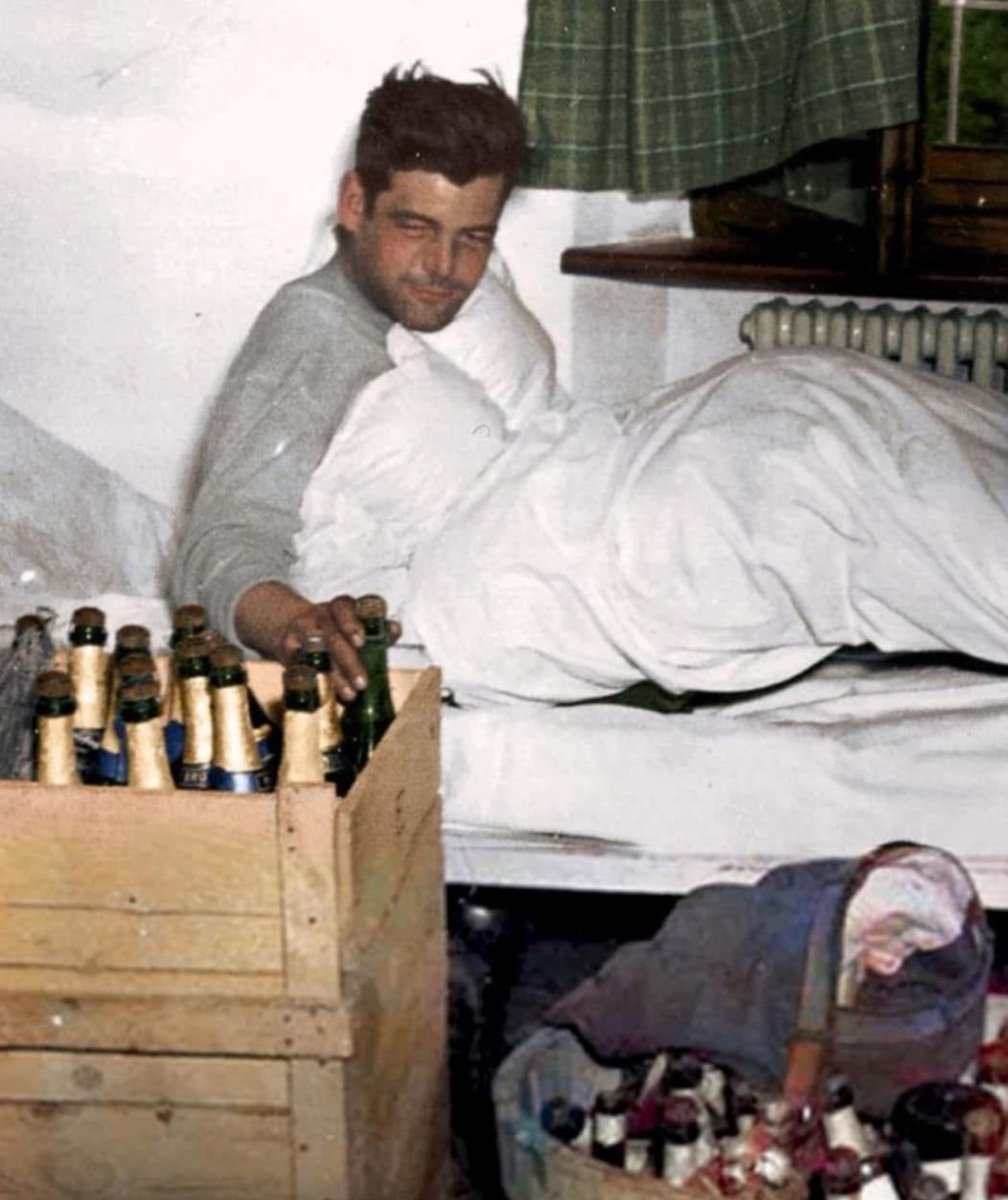 81 years ago today, Captain Lewis Nixon of the 101st Airborne Division slowly gets up the morning after celebrating VE-Day with fellow officers of the Battalion. 🪂

The source of all those bottles was the wine cellar of Reichmarshall Hermann Göring. 🍾