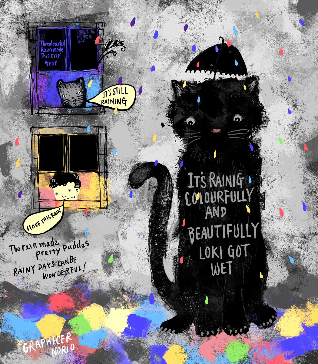 Graphicer_norio's tweet photo. カラフルな雨が降って
キレイな水たまりができる
ロキもびっくりです
#illustration #cat #catlover #drawing #childrenbook #art https://t.co/6SeA5UMP8e