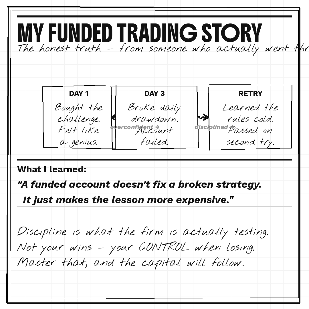 DigitalLeonard's tweet photo. My Honest Experience

I'll be honest with you, I failed my first funded challenge in three days.

Not because I can't trade. I can. But I walked in thinking confidence was enough. I sized my positions like it was a demo I didn't care about. Day three, I hit my daily drawdown limit before noon and that was it. Fee gone.

The second attempt was different. I read every rule twice before I started. I wrote out my plan the night before. I tracked my exposure after every trade, not just the losses, every single one.

I passed.

Nothing changed about my strategy. What changed was my discipline. 

Prop firms are not testing whether you can make money. Anyone can catch a winning trade. They're testing whether you can manage yourself when the market is working against you. Because it will. That's just how trading works.

If you can stay controlled when things are going wrong, the capital comes. It really does work that way.

The hard part isn't the profit target. The hard part is not revenge trading after a $3k loss on a Tuesday.

HyroTrader makes the rules clear from day one. No buried surprises. Link in bio.
