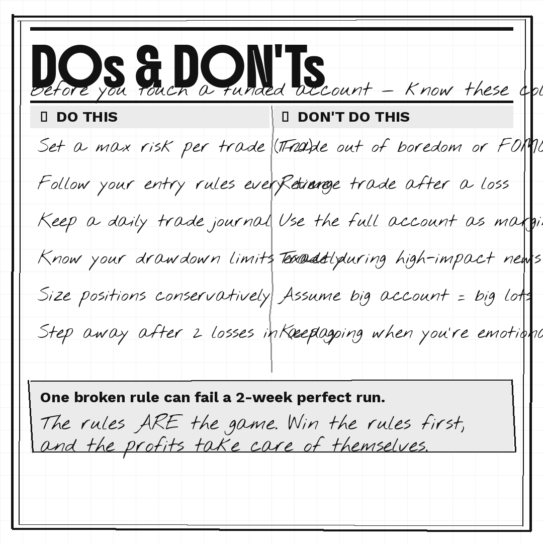 DigitalLeonard's tweet photo. DOs and DON'Ts

Nobody lays this out plainly for beginners, so here it is.

Set your max risk before you open a chart, not after the trade goes wrong. 

Follow your entry rules on every setup, not just the ones you feel confident about. 

Keep a journal. Not for motivation, for accountability. 

Know your drawdown numbers the same way you know your phone number. 

Size down at the start, especially on your first funded account. After two losses in one day, close the platform and come back tomorrow.

Now the other side.

Don't trade because you're bored or because someone just posted a big win. 

Don't try to recover a loss by doubling the next position that's how one bad trade becomes three. 

Don't calculate your leverage or lot size using the full account balance. 

Don't trade NFP, CPI, or rate decisions without a clear plan, those events don't care about your setup. 

And don't assume a bigger account means you should be taking bigger risks.

One broken rule can end a two-week run of clean trading. The rules are the job.

HyroTrader writes their rules in plain English. No confusion. Link in bio.