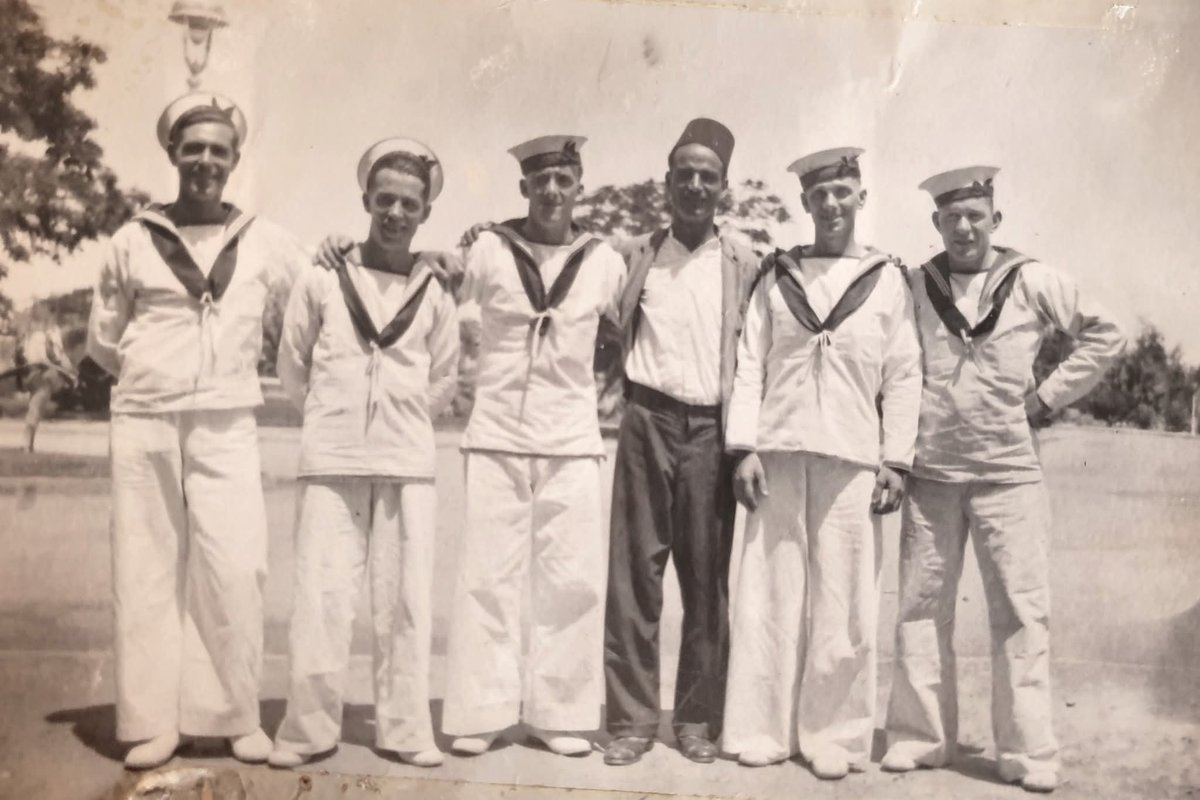 Steve_Hann's tweet photo. My lovely Grandad - Stoker Jim (Joe) Dowdall. Far right of the group photo. Serving aboard HMS Arpha - an armed boarding vessel in The Red Sea, Suez, and the Med as part of the Contraband Control Service. I would love to know more @I_W_M @RoyalNavy @NatMuseumRN  I have more pics https://t.co/R6gyGF0TdB