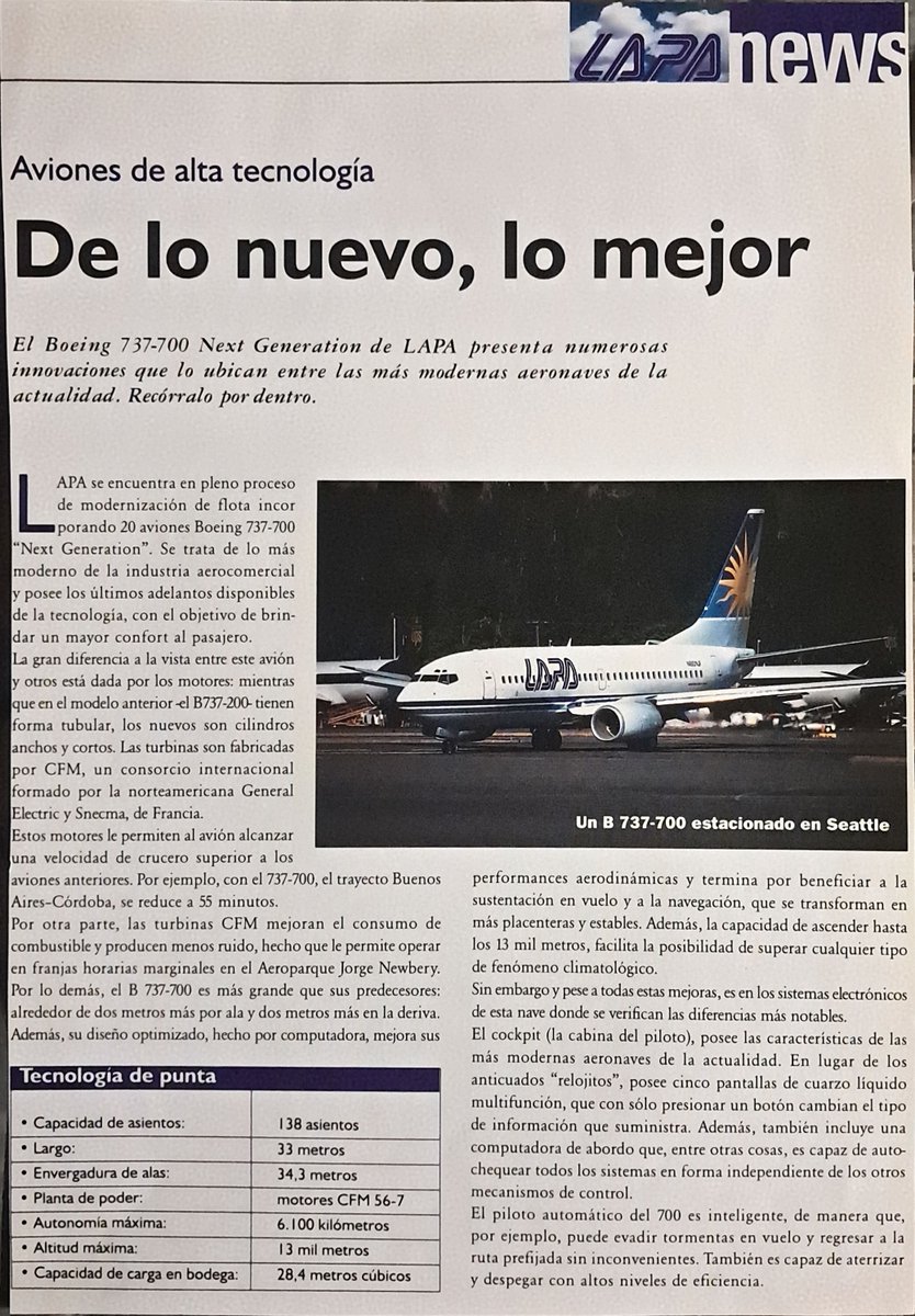 nandocba's tweet photo. Recorte, revista a borde de LAPA, anunciando llegada de los primeros B737-700 https://t.co/E5QTk1lHIj