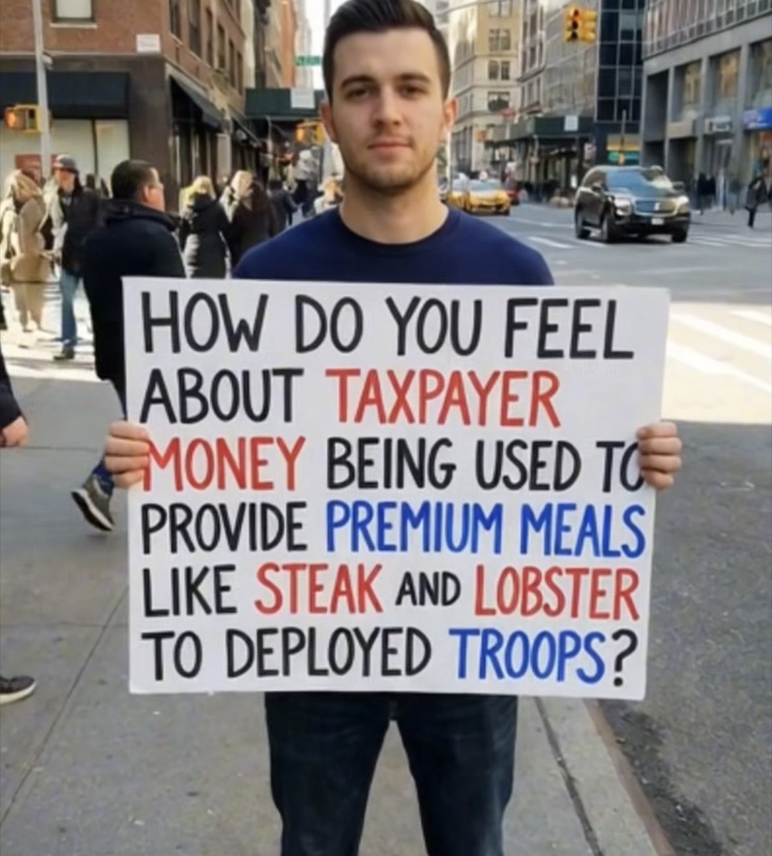 AmandaThomp0's tweet photo. HOW DO YOU FEEL ABOUT TAXPAYER MONEY BEING USED TO PROVIDE PREMIUM MEALS LIKE STEAK AND LOBSTER TO DEPLOYED TROOPS? https://t.co/5aAFPXLrIe
