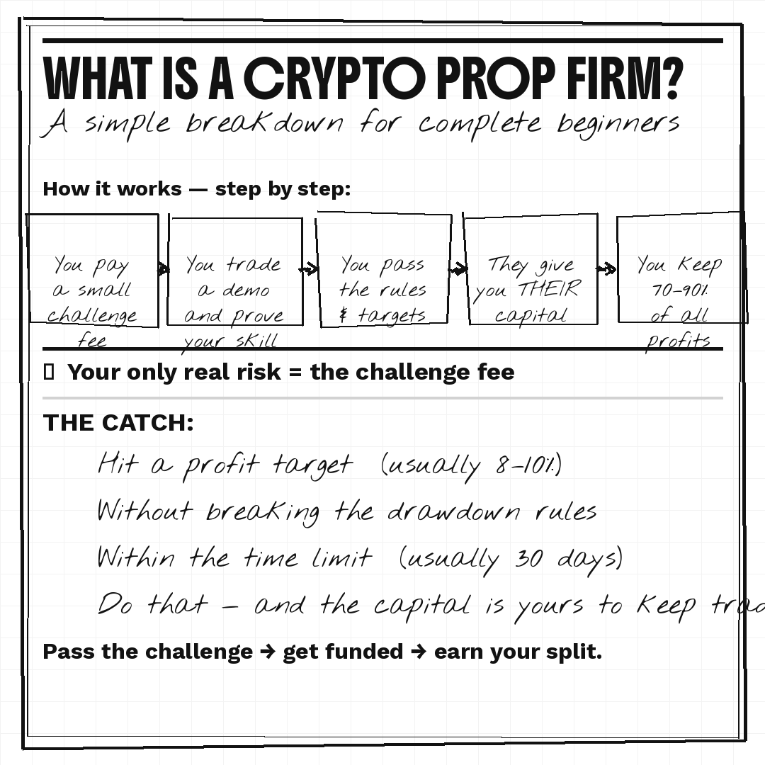 DigitalLeonard's tweet photo. What is a Crypto Prop Firm?

If you keep seeing people talk about funded accounts and aren't sure what's actually going on, here's the plain version.

A prop firm gives you their money to trade. When you make profit, they take a cut, usually 10 to 30 percent. You keep the rest, sometimes as much as 90%.

To get access to that capital, you pass a challenge first. You pay a fee (anywhere from $50 to a few hundred dollars), then you trade a demo account under real rules hit a profit target without breaking the drawdown limits, and you get funded.

Your actual money at risk is just the challenge fee. Not your savings. Not $200k of your own capital. Just the fee.

The catch is that the challenge has rules. A profit target (usually 8–10%). A daily and max drawdown limit. Sometimes a time limit. Break any of those and the challenge fails.

Most people who fail don't fail because of the profit target. They fail because they didn't read the rules, traded too big, hit their daily drawdown limit, and didn't understand why.

Read the rules. Take the demo seriously. The funding follows.

→ HyroTrader is where I'd tell a complete beginner to start. Transparent, crypto-native, and clear on the rules. Link in bio.
