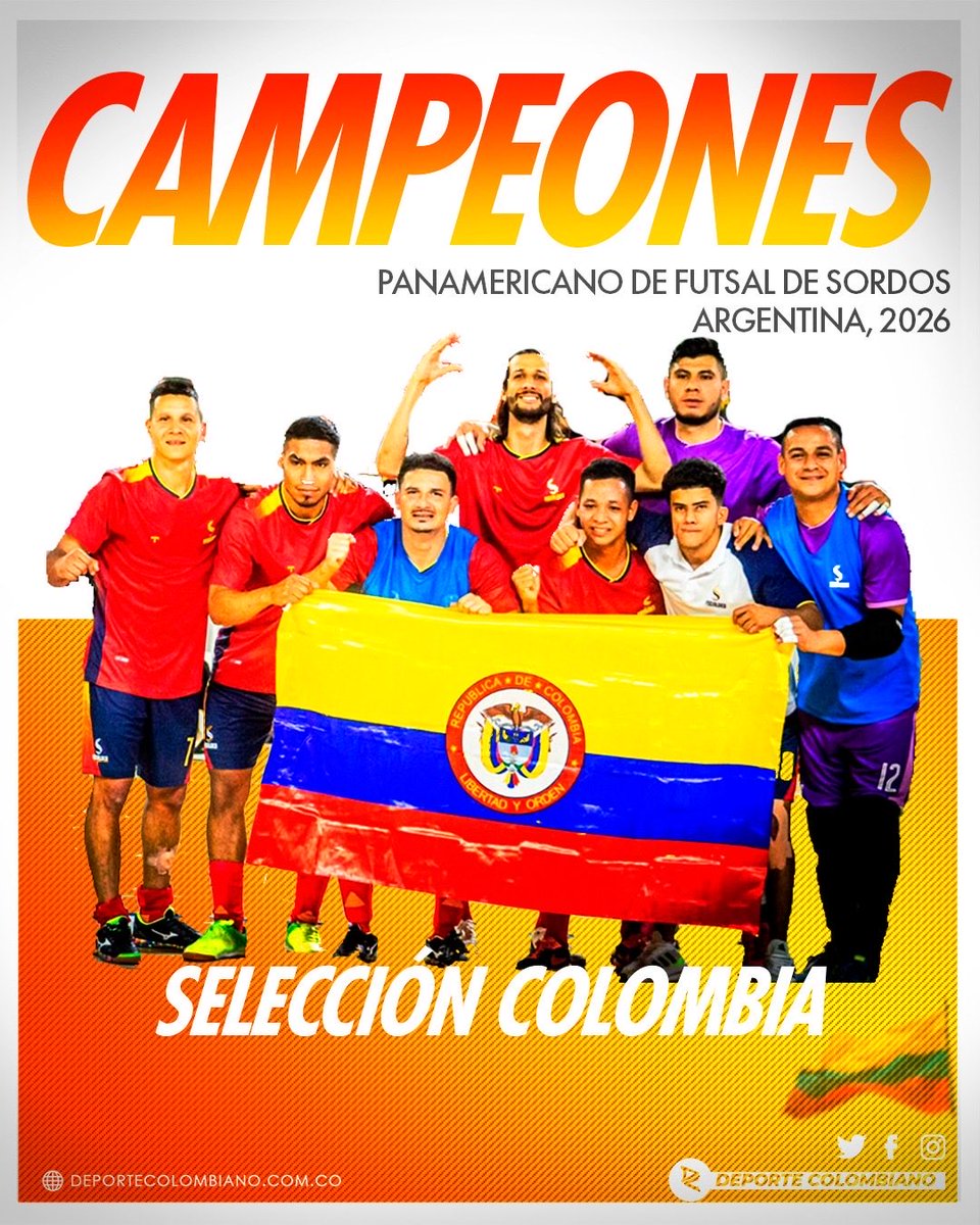 DeportColombia's tweet photo. ¡CAMPEONA 🏆! Colombia ganó el Panamericano ⚽

La Selección Colombia de futsal se coronó campeona, firmando un logro histórico para el país.

Podio:
🥇 COL 🇨🇴
🥈 ARG 🇦🇷
🥉 BRA 🇧🇷

Por PRIMERA vez en 80 años vamos a los Juegos Sordolímpicos de Invierno.

¡Historia 💛💛💙❤️! https://t.co/JKA1iqSnF1