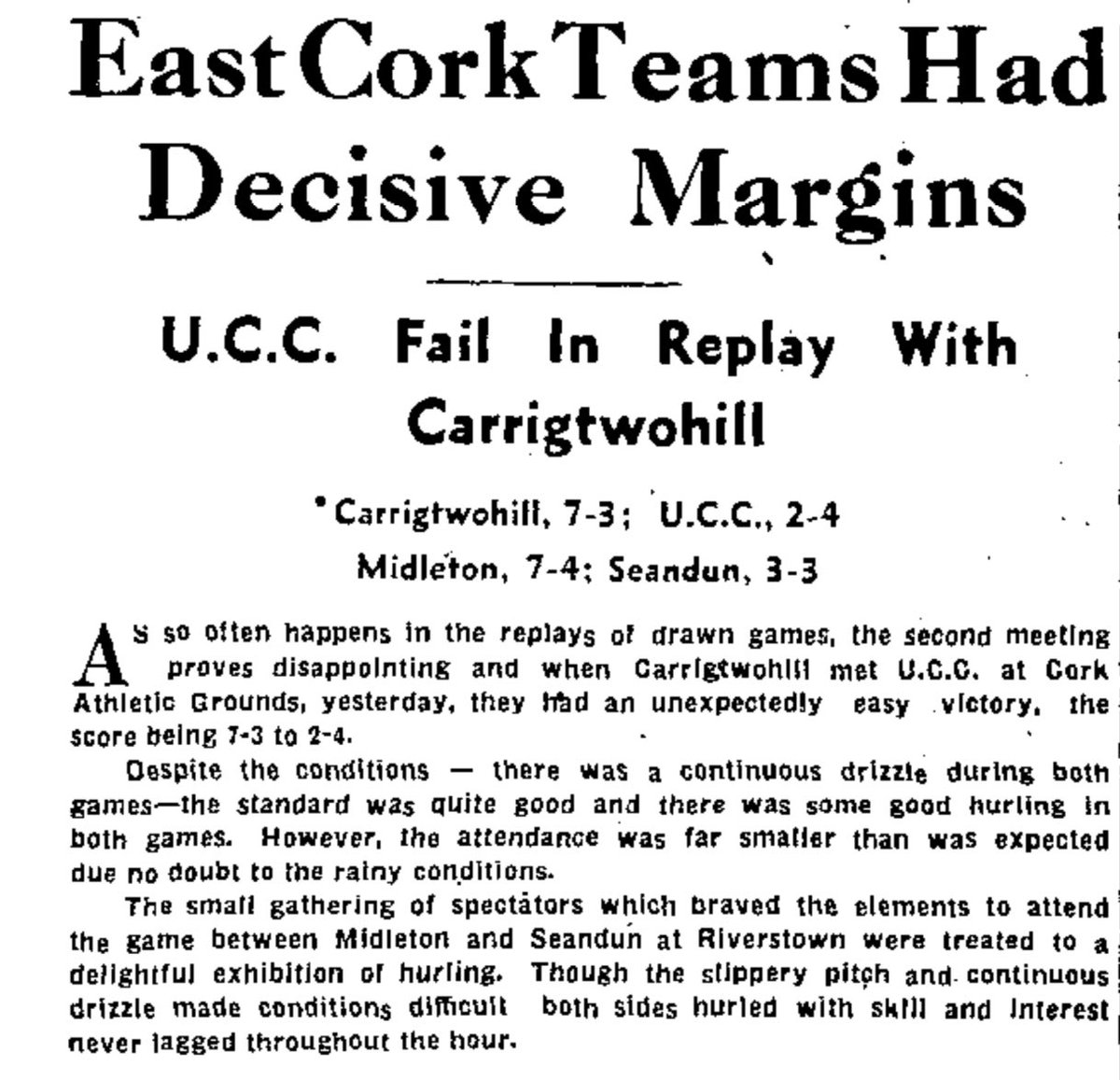 HurlingHistory's tweet photo. On this day in 1954 @MidletonGaa and the City Divisional side @SeandunGAA clashed in the @OfficialCorkGAA County Senior Hurling Championship at Riverstown with victory going to the Magpies on a full time score line of 7-04 to 3-03 #corkhurlinghistory #midleton #gaa ⬛️⬜️ https://t.co/Cv7cQj9LoU