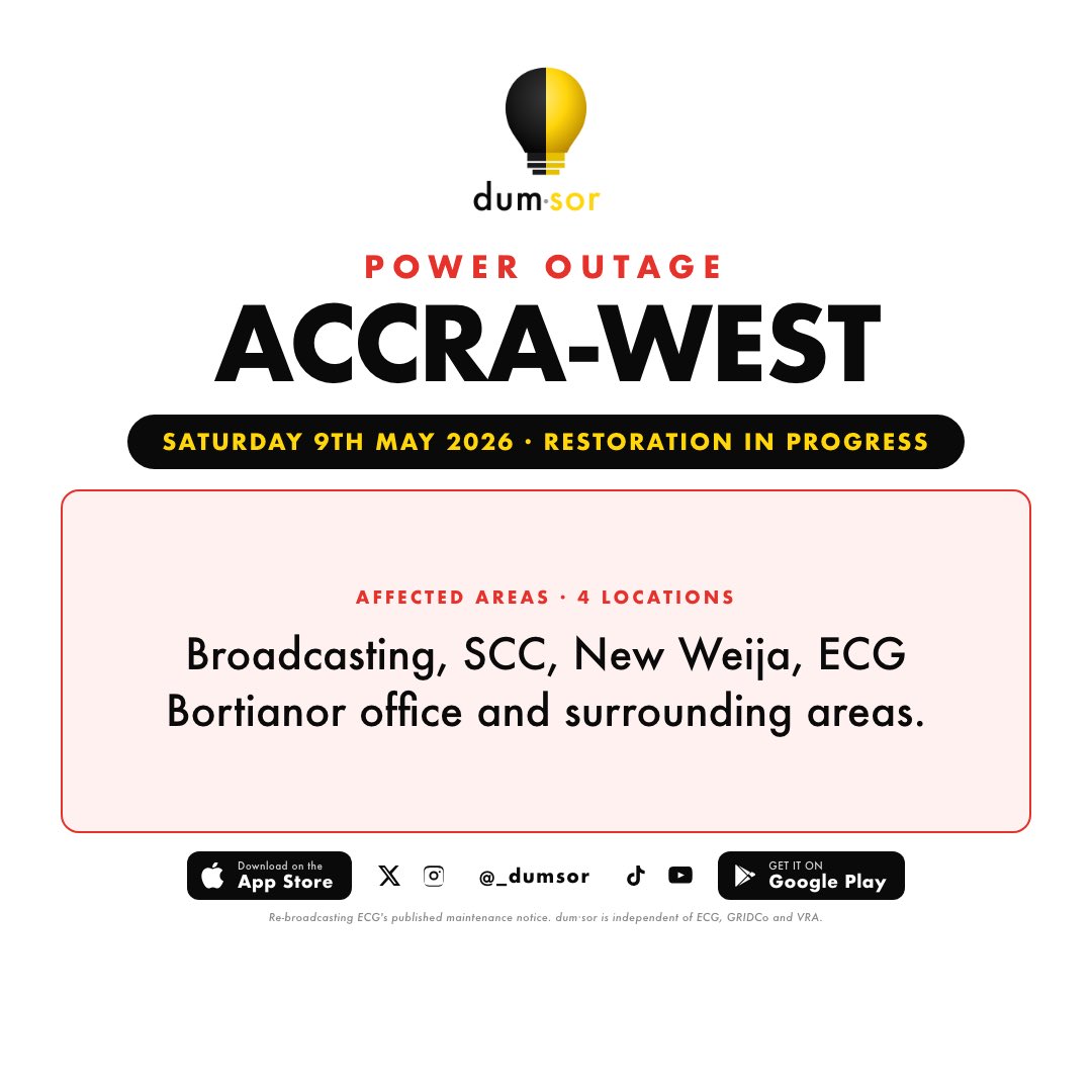 _dumsor's tweet photo. ⚡ 1 ECG cut live now —

Accra-West / Bortianor — technical fault. Broadcasting, SCC, New Weija, ECG Bortianor office. Engineers restoring.

4 more planned for next week ↓ https://t.co/QgR9nWcB6f