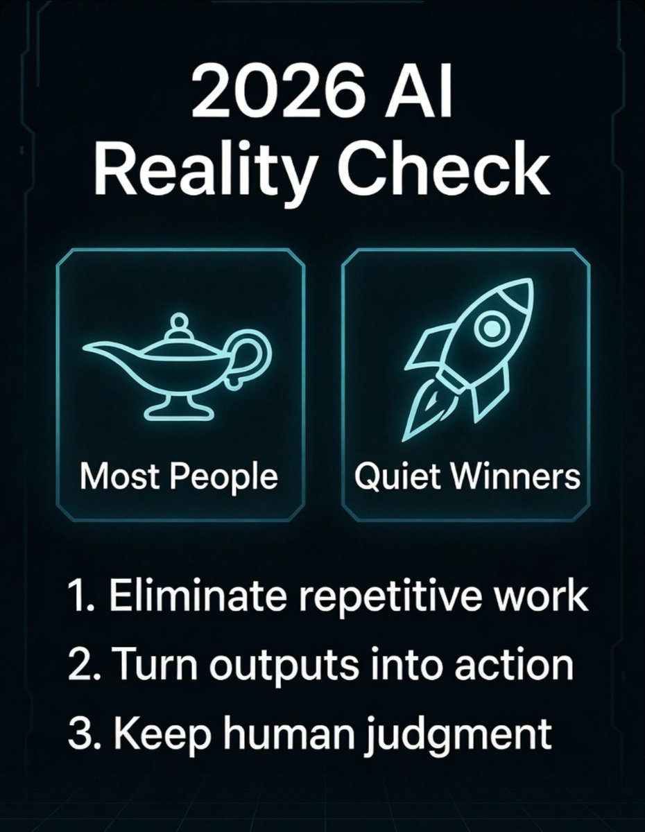 3What6If9's tweet photo. 2026 reality check:

Most people using AI are still unproductive.

They treat it like a magic genie.

Quiet winners do 3 things:
1. Eliminate repetitive work
2. Turn outputs into action fast
3. Keep human judgment

Your best AI trick? 👇

#AI #Productivity https://t.co/O0307FNPAn