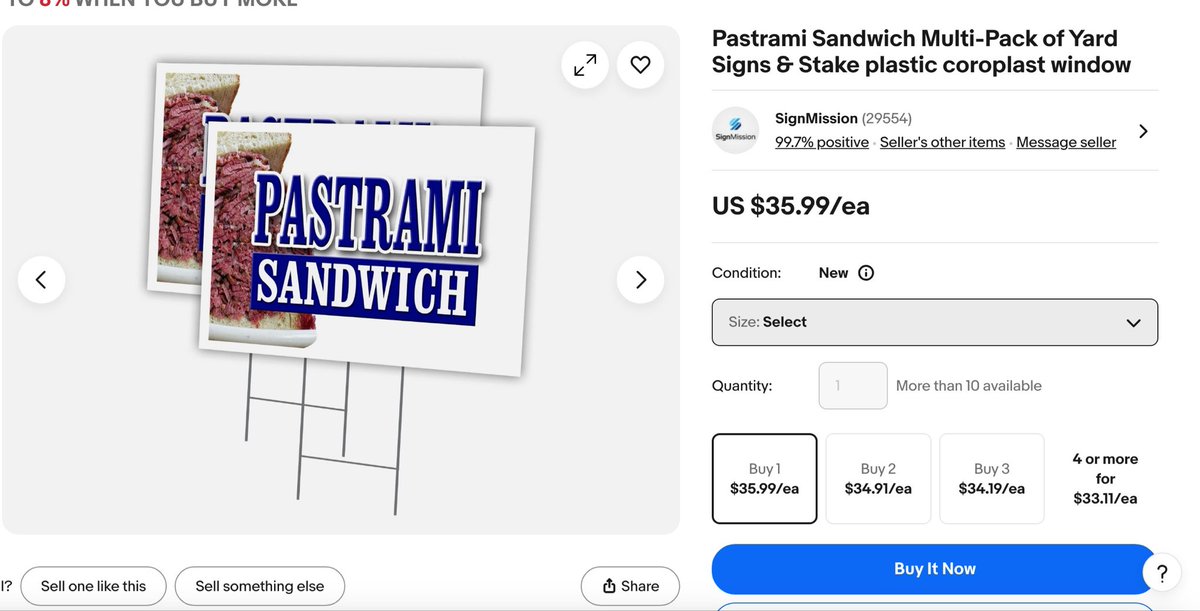 deli_mustard_'s tweet photo. my strange addiction: searching words i like into ebay and deciding  i need a pack of multiple pastrami sandwich yard signs https://t.co/ejbNVJEf5k