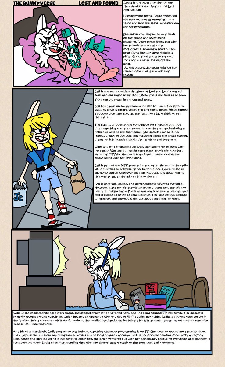 tmntfan1985's tweet photo. BUNNYVERSE
Lost & Found page 5
a deeper dive into the bunny versions of #LauraLoud #LaliLoud and #LydiaLoud in the bunnyverse taking place in 89-into the 1990s.
#Lincori #Loreni #Lenicoln #TheLoudHouse #BUNNYVERSE https://t.co/4zAmzmH3wz