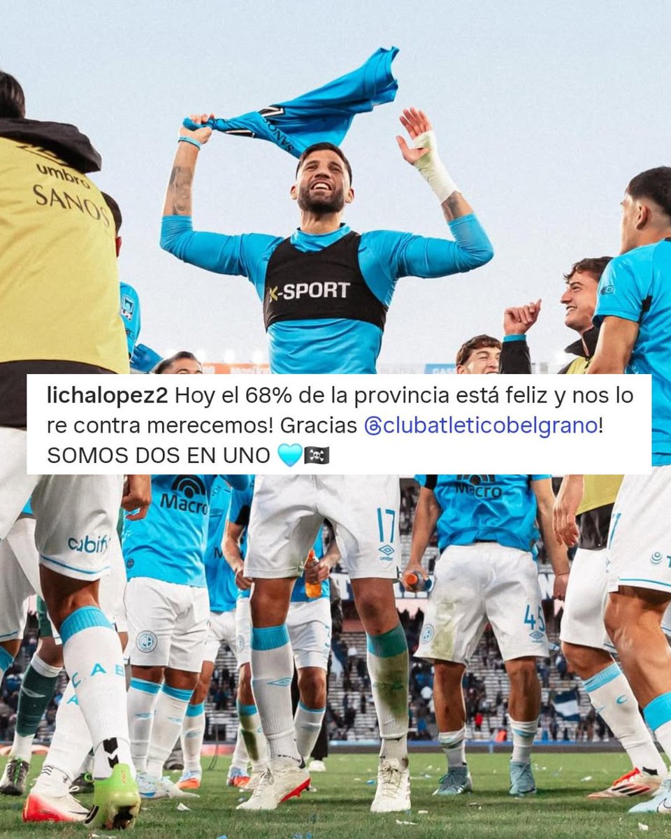 #Belgrano | 🏴‍☠️👊 "EL 68% DE LA PROVINCIA ESTÁ FELIZ...", el posteo que realizó Lisandro López en su Instagram.