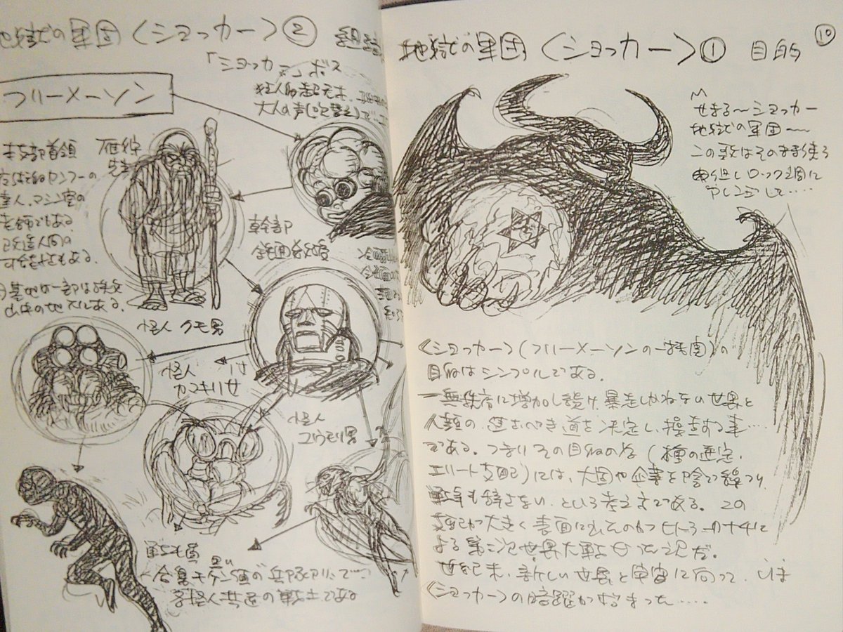 th_0896's tweet photo. Eu gosto das ideias desses esboços do Ishinomori feitos para um Kamen Rider de 1986 que acabaram não sendo utilizados. Um elemento um tanto curioso é que nesses conceitos a Shocker é retrabalhada como um versão da maçonaria. https://t.co/Qb8MEIiPcO