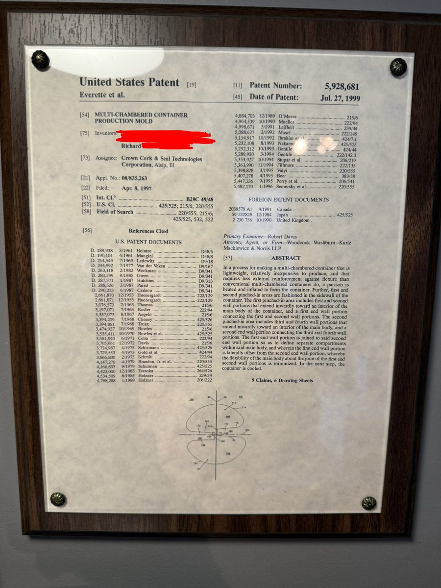 ozpreyy's tweet photo. @Dragxnite @KellytoyDK Alright here is a few things:

Some of his patents for bottle designs. If you’ve ever watched How It’s Made and seen bottles filled on a line, you’ve seen one of his inventions. He helped design the industry standard for that process too. https://t.co/OKk7FVlQts