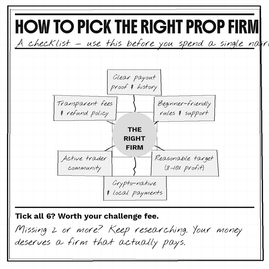 DigitalLeonard's tweet photo. How to Pick the Right Prop Firm

There are more prop firms now than there were two years ago. Some are excellent. Some will take your challenge fee and make withdrawal as complicated as they legally can.

Before you pay for anything, check these six things.

Payout proof from real traders not screenshots on the firm's own site. Find their community and look for independent receipts.

Rules written in plain language. You should be able to read the challenge terms once and know exactly what you're agreeing to. Buried clauses are a strategy, not an accident.

A reasonable profit target. 8 to 10% in 30 days is standard. Much above that and they're pushing you toward the kind of risky trading that breaches accounts.

Crypto-native payouts. For those of us in Nigeria, this matters. A firm that can only pay via wire transfer you'll never receive is not a firm that's built for you.

An active community. Real funded traders talk. They ask questions and share results. A quiet community usually means nobody's actually getting paid.

A clear policy on what happens when you fail. Good firms tell you upfront. Bad ones hide it.

If a firm ticks all six, it's worth the challenge fee.

→ HyroTrader checks all of these. It's the firm I personally recommend. Link in bio.