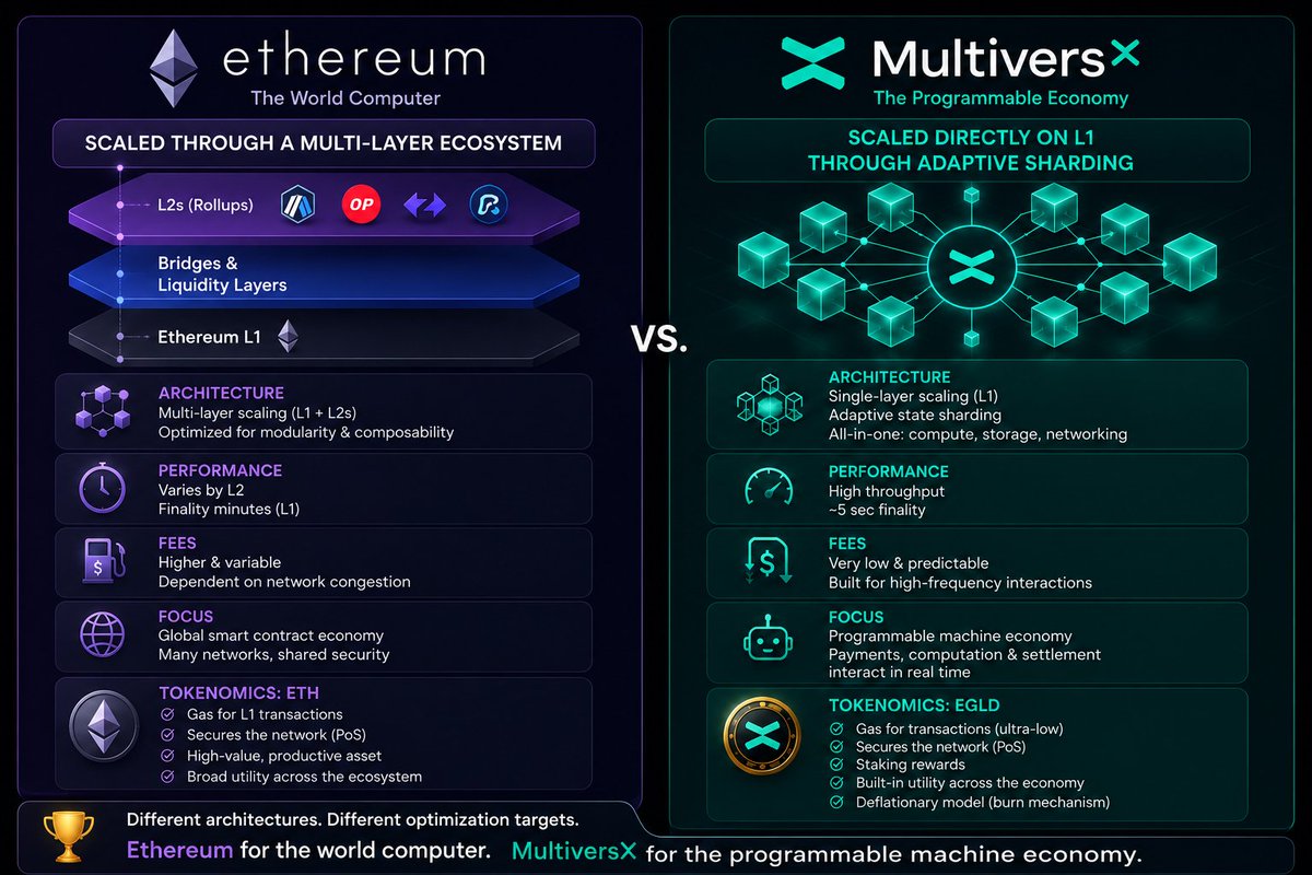 Ethereum scaled through a multi layer ecosystem, #MultiversX directly on L1 through adaptive sharding. ETH powers a global smart contract economy, $EGLD a machine economy where payments, computation &amp; settlement interact in real time. 

Different architectures. Different targets.