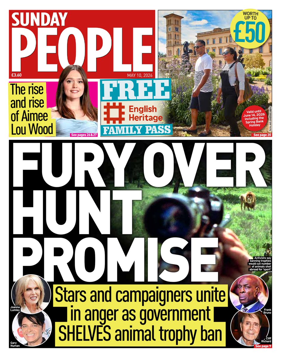 AndyGibsonTV's tweet photo. "FURY OVER HUNT PROMISE"
@MikeySmith for @TheSundayPeople 

Sir Keir Starmer faces fury from campaigners after the government decided to shelve a proposed ban on Trophy Hunting.

#SundayPeople
#TomorrowsPapersToday https://t.co/0v6wT1qvkr