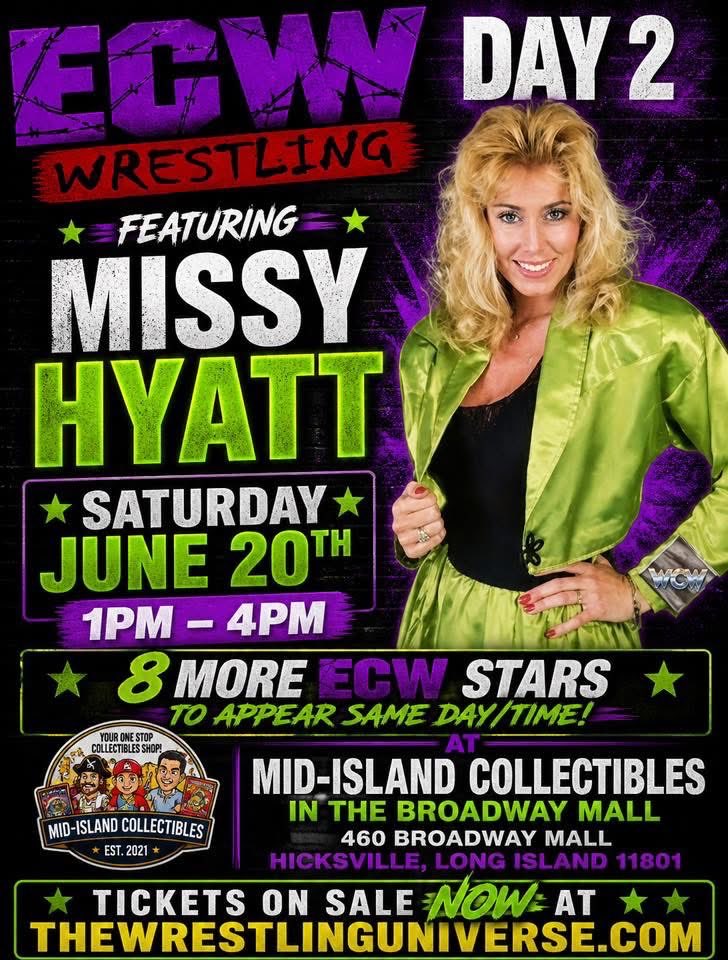 TheWrestlingUni's tweet photo. Meet “The Walking Riot” Missy Hyatt at ECW Day 2 on June 20th from 1-4pm @midislandcollectibles in The Broadway Mall in Hicksville, Long Island
Tickets & Info Available on our Website at https://t.co/8FMIM3Z99M
There will be 9 ECW Stars That Day
#ecw #ecwday #missyhyatt https://t.co/5qMw0DaGw3