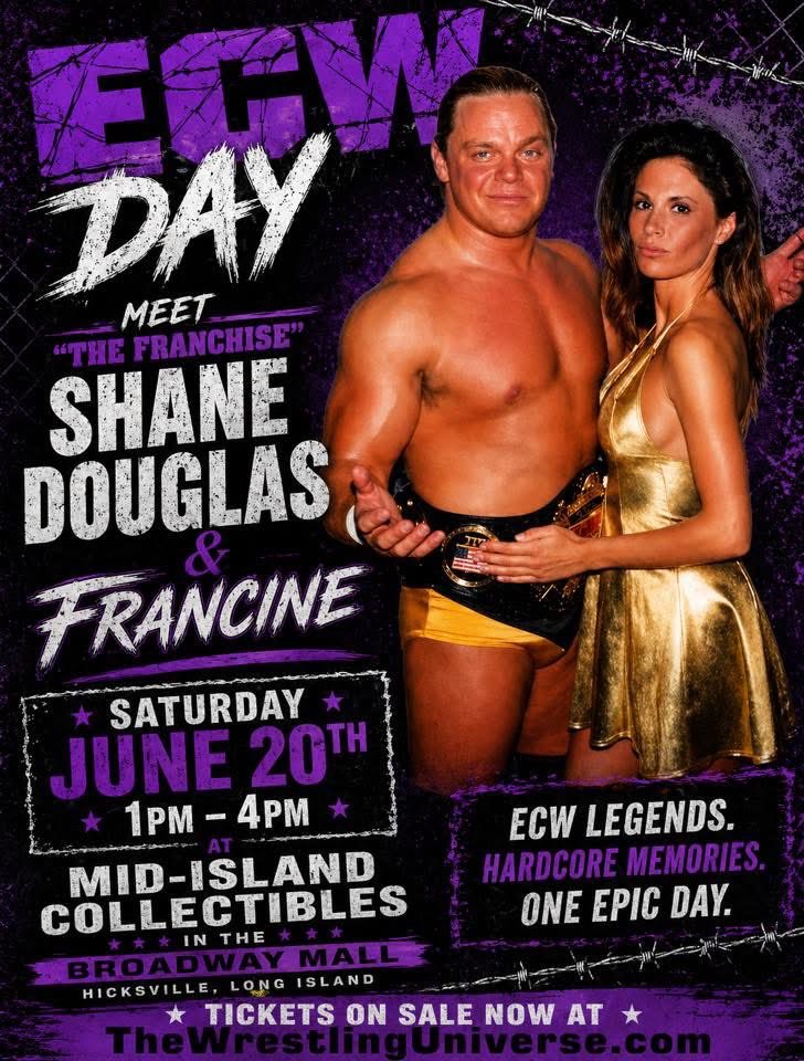 TheWrestlingUni's tweet photo. ECW Day 2 on June 20th from 1-4pm Mid-Island Collectibles in The Broadway Mall in Hicksville, Long Island
Tickets on sale Now at https://t.co/8FMIM3Z99M
#ECW #ecwday #extremechampionshipwrestling #francine #ShaneDouglas #sandman #MissyHyatt https://t.co/cne8GiMmoB