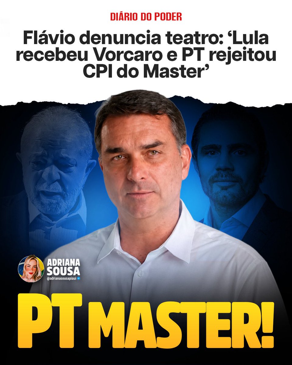 adrianasousapi's tweet photo. É isso mesmo! Enquanto Lula recebia Vorcaro, o PT barrava a CPI do Master. Flávio jogou a verdade na cara deles: bando de hipócritas! 🇧🇷✌🏻 https://t.co/v5tXYorhUO