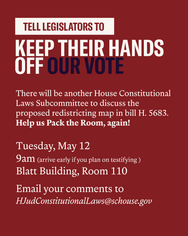 CarolinaForAll's tweet photo. 🚨 SC lawmakers are pushing a new redistricting map (H. 5683).

📍 Blatt Building, Room 110
🗓 May 12 | ⏰ 9AM
Show up. Speak out. Protect our vote.
📧 HJudConstitutionalLaws@schouse.gov
Let’s pack the room AGAIN.
#KeepHandsOffOurVote #FairMaps https://t.co/kkBr73276M