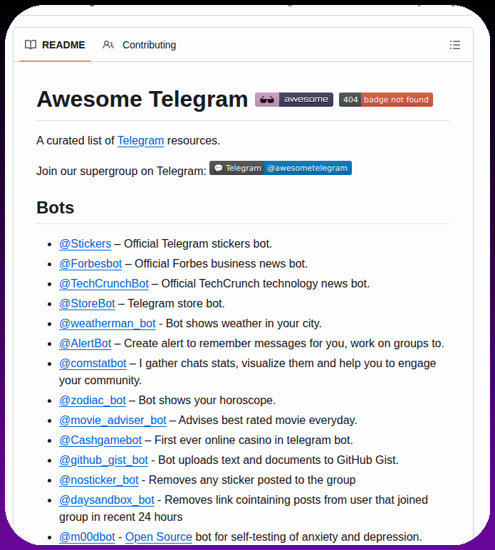 tom_doerr's tweet photo. Curated list of Telegram bots, groups, and libraries

https://t.co/Dd59xTEbzc https://t.co/57gHjq4ht2