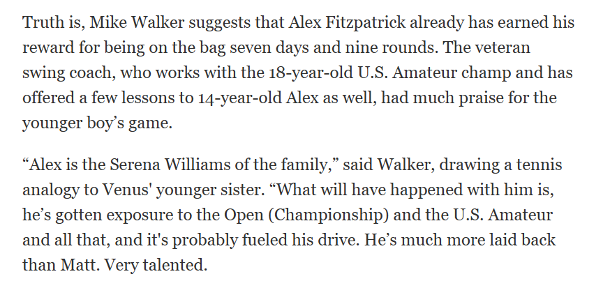 KevinCaseyGC's tweet photo. With Alex Fitzpatrick, it's stuck in my head over the years that he was once described as "the Serena Williams" of the Fitzpatrick family.

The quote gathered by the great @JimMcCabeGolf. https://t.co/ccbaGh9yRJ