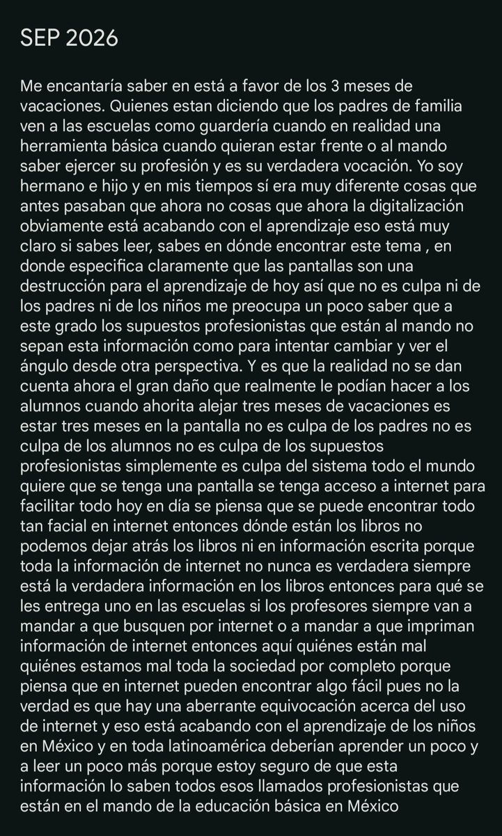 pinia_markcel's tweet photo. Me encantaría saber en está a favor de los 3 meses de vacaciones. Quienes estan diciendo que los padres de familia ven a las escuelas como guardería cuando en realidad una herramienta básica cuando quieran estar frente o al mando saber ejercer su profesión y es su verdadera vocac https://t.co/erA96ZBeS0