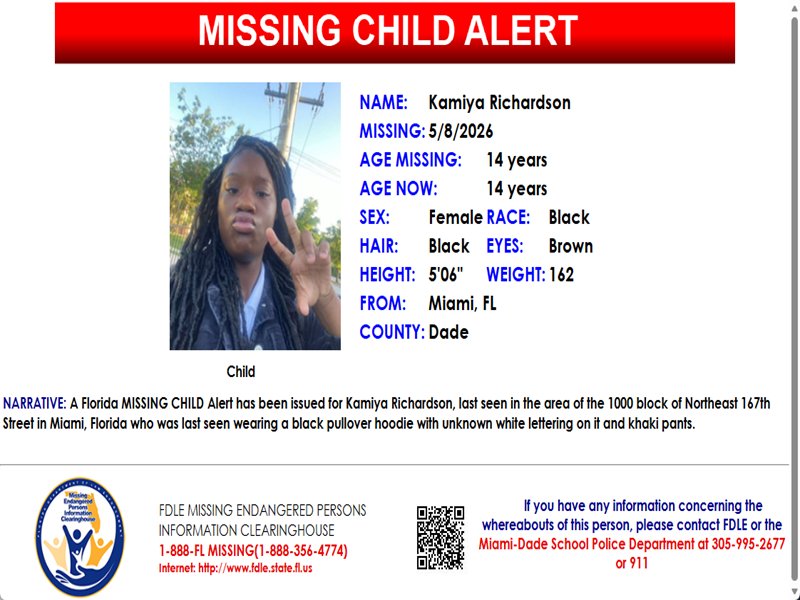 🚨 PLEASE SHARE! 🚨 - A Florida MISSING CHILD Alert has been issued for Kamiya Richardson, a black female, 14 years old, 5 feet 6 inches tall, 162 pounds, black hair and brown eyes, last seen in the area of the 1000 block of Northeast 167th Street in Miami, Florida.   If you have