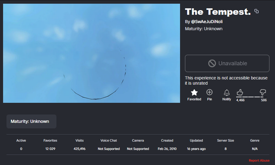 mythcomwiki's tweet photo. This is only one example of games which have recently been taken down by Roblox due to the games being unrated. Two other examples of this are "The Tempest" and "Lloyd Residence". https://t.co/nZbUEaQGxJ