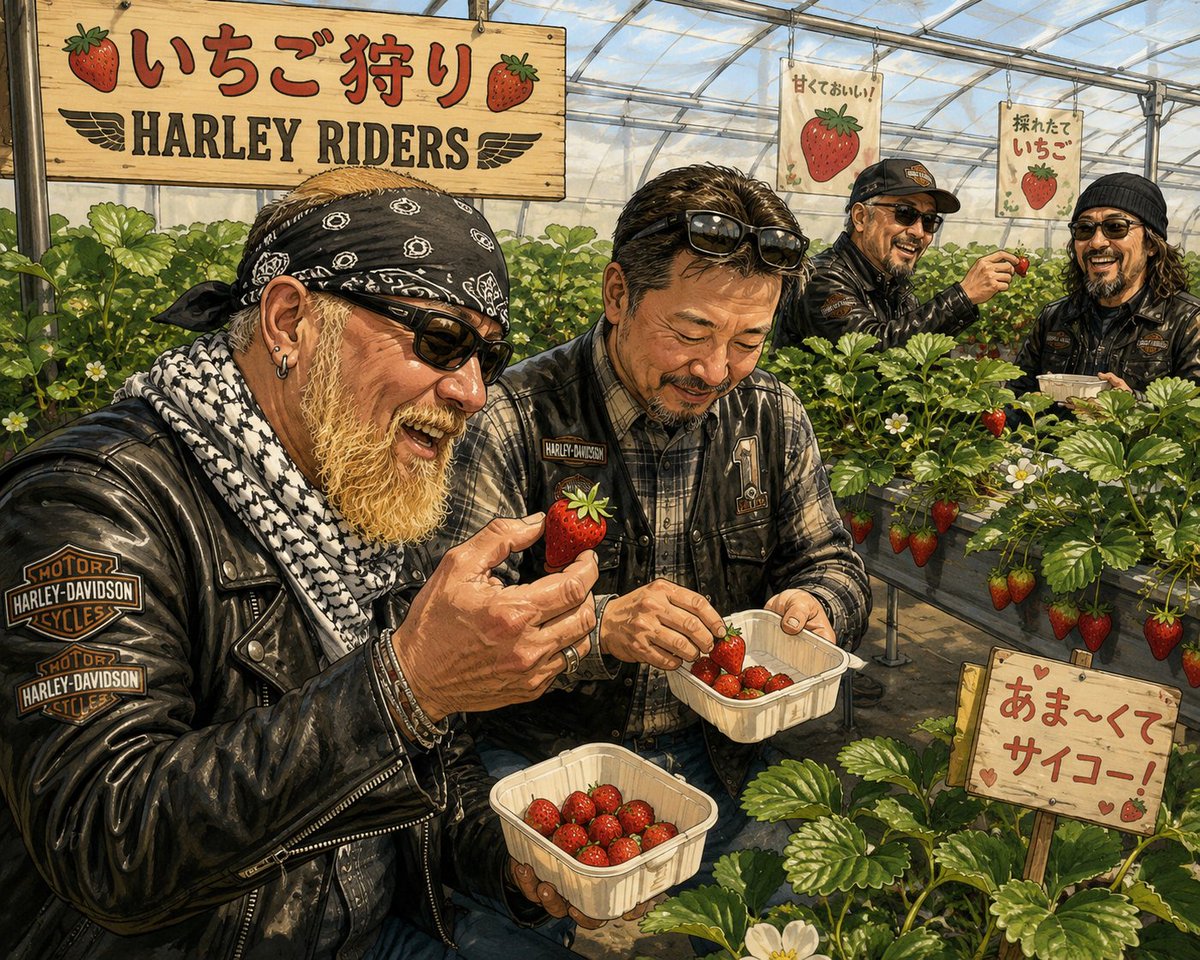 AbeYoshi's tweet photo. YouTube動画「ミショメンTV」に、相模原市南区鵜野森でいちご狩りができる『Farm Big Lucky's』訪問の様子がアップされています。ハーレー乗った皆さんがいちごを食べてて可愛いです。

※『Farm Big Lucky's』
【住所】相模原市南区鵜野森1丁目511
【電話番号】080-7816-3221
【営業日��土曜日：13：30～
　　　　　日曜日：①10：00～②11：30～③13：30～
　いちご狩りは完全予約制です。

★ミショメンTV「古いハーレーで都内走ったらどうなるか検証してたらヤバいことに!?」　↓↓動画↓↓
https://t.co/yY03cv1QaA

※画像は生成AIが作成したイメージです。。。