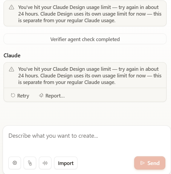 SkipsXBT's tweet photo. Claude design kullandım animasyonlu website için hem bir şey yapamadı hem de limit 0dan 8dk da yüzde yüz oldu ve bi tam bir hafta bekleme süresi var resmen çöp.

@claudeai #claude #codex https://t.co/Pce1sx47iF